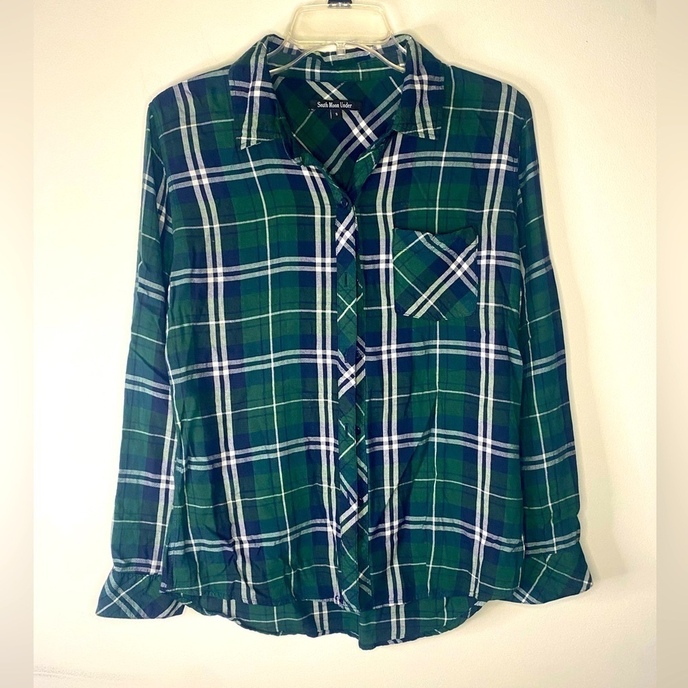 South Moon Under Green Blue‎ Plaid Long Sleeve Button Down Western Shirt Small